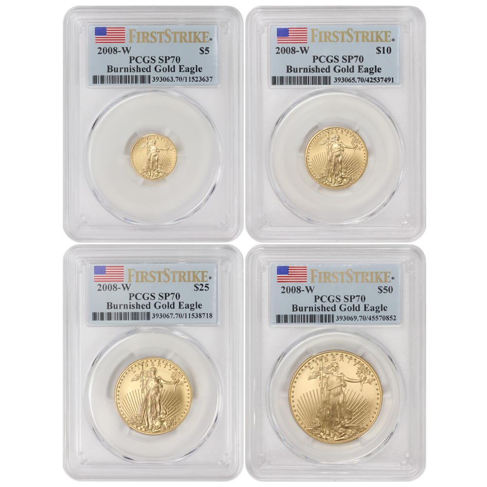 Set of 4 2008-W Gold Eagles PCGS SP70 FS Flag Label